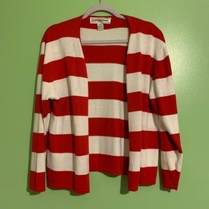 Red and white striped cardigan.